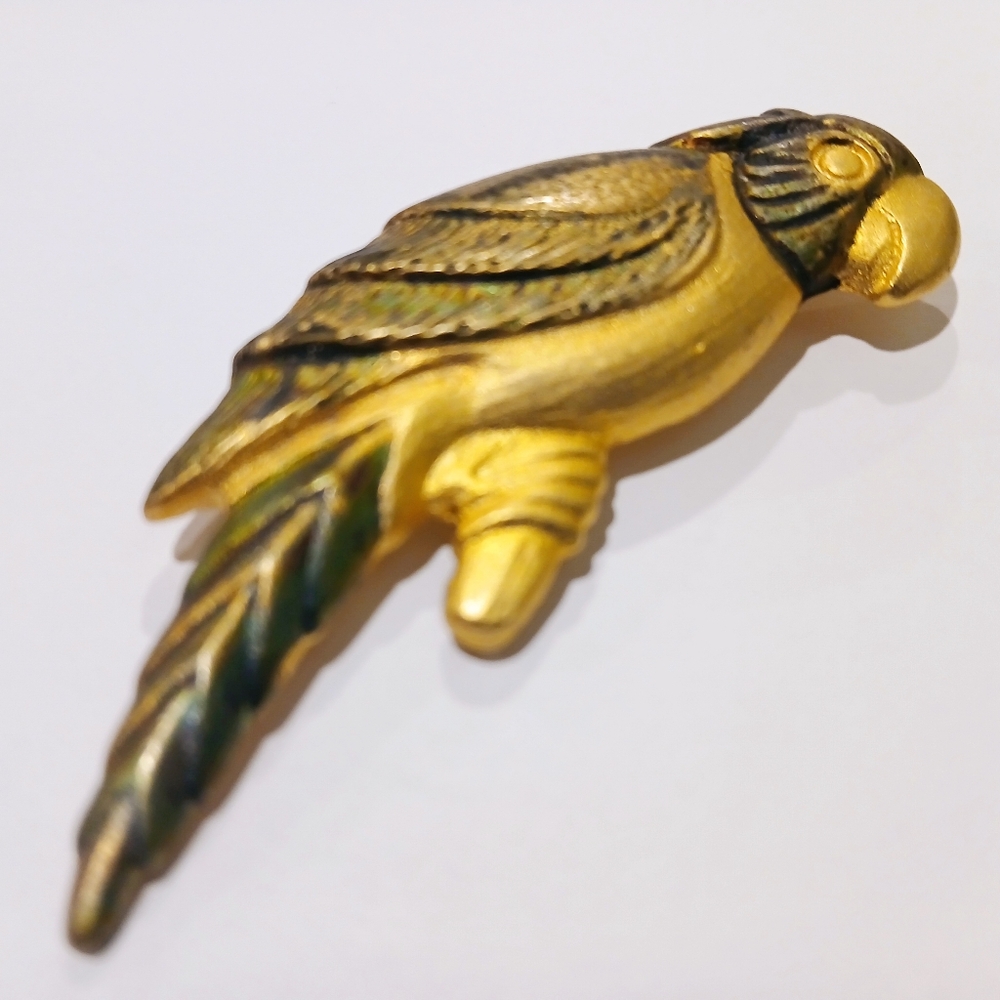 Gold and Green Parrot Bird Vintage Brooch Pendant